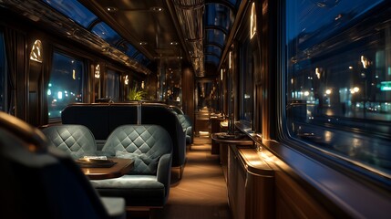 Fototapeta premium Inside a luxurious European sleeper train at night, dim ambient light, elegant interior, city lights through the window
