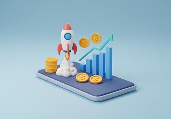 Mobile financial growth concept with rocket launch and rising graph