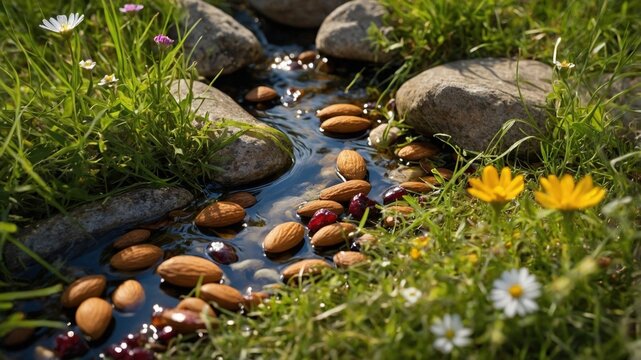 Tranquil stream with almonds and berries surrounded by vibrant flowers and smooth stones in nature