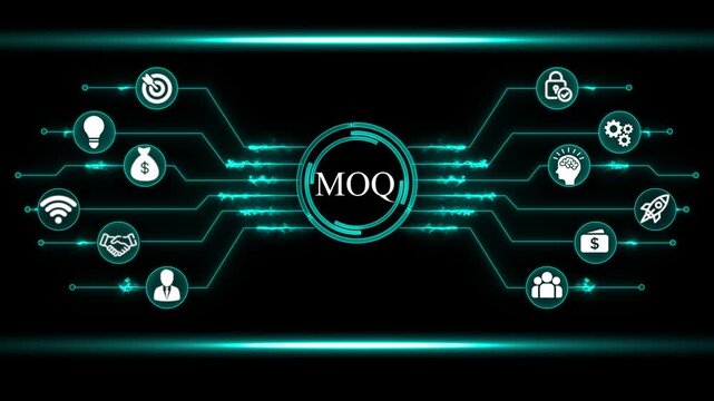 Futuristic digital network diagram with MOQ in center and business icons Minimum Order Quantity commerce