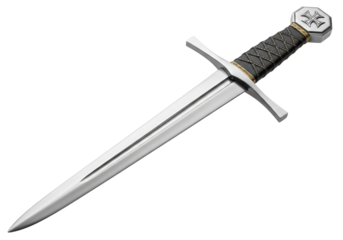 single-handed medieval arming sword, polished steel blade with fuller, dark leather grip & gold details, octagonal chiseled cross pommel, isolated on transparent, ample copy space, historical