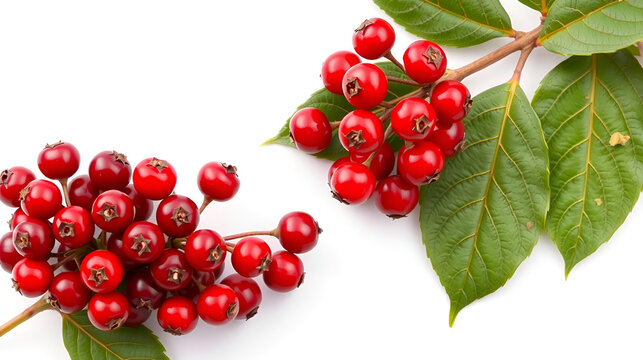 Bearberry leaf and berry cluster on white background