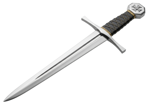 single-handed medieval arming sword, polished steel blade with fuller, dark leather grip & gold details, octagonal chiseled cross pommel, isolated on transparent, ample copy space, historical