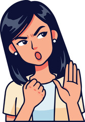 Vexed young woman expressing strong displeasure or frustration, assertively signaling to stop with a raised hand gesture and a resolute, open-mouthed expression