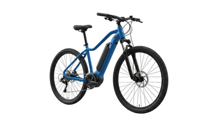 Fototapeta premium A sleek, modern royal blue electric mountain bike with black accents, knobby tires, integrated battery, presented on a transparent studio background with soft shadow, advanced engineering concept.