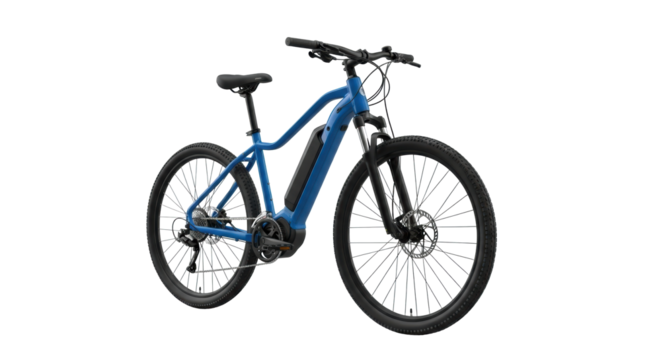 A sleek, modern royal blue electric mountain bike with black accents, knobby tires, integrated battery, presented on a transparent studio background with soft shadow, advanced engineering concept.
