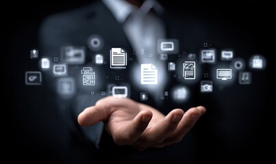 Businessman's hand holding digital document icons