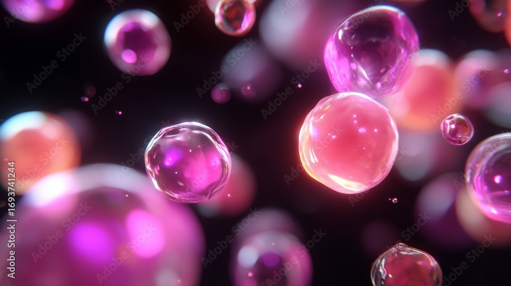 Poster colorful microscopic bubbles floating in dark space create an abstract visual representation of cell