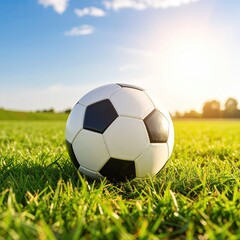 Soccer ball on grassy field under a bright sky