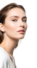 Fototapeta premium Elegant beauty portrait of a young woman with flawless skin, light makeup and wet hair looking at the camera against a white background to showcase makeup products.
