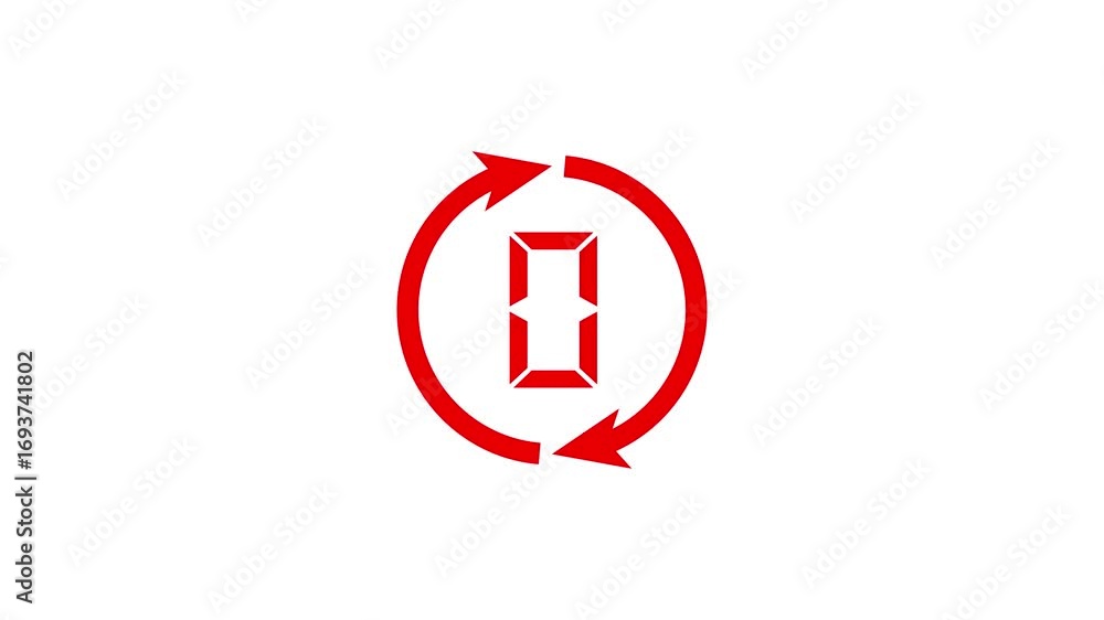 Poster red circular arrow icon with a digital number counting four to zero in the center on a white backgro