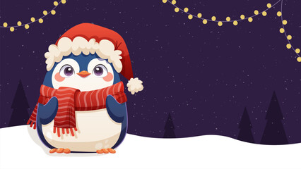 Cartoon penguin wearing Santa hat and winter scarf. Background for New Year greetings, design, space for text. Vector template
