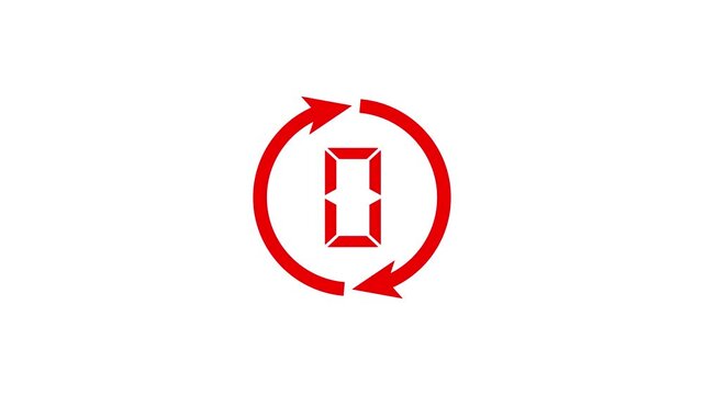 Red circular arrow icon with a digital number counting four to zero in the center on a white background