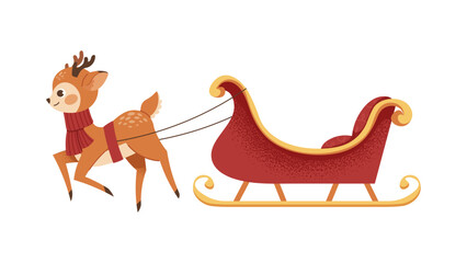 Cartoon reindeer with sleigh and harness. Christmas deer, kids New Year art. Vector character isolated