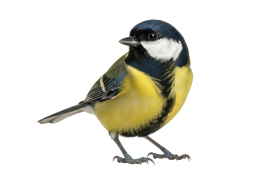 A detailed Great Tit bird with vibrant yellow breast, black stripe, and white cheeks, isolated on a transparent background with copy space. Concept for scientific illustration