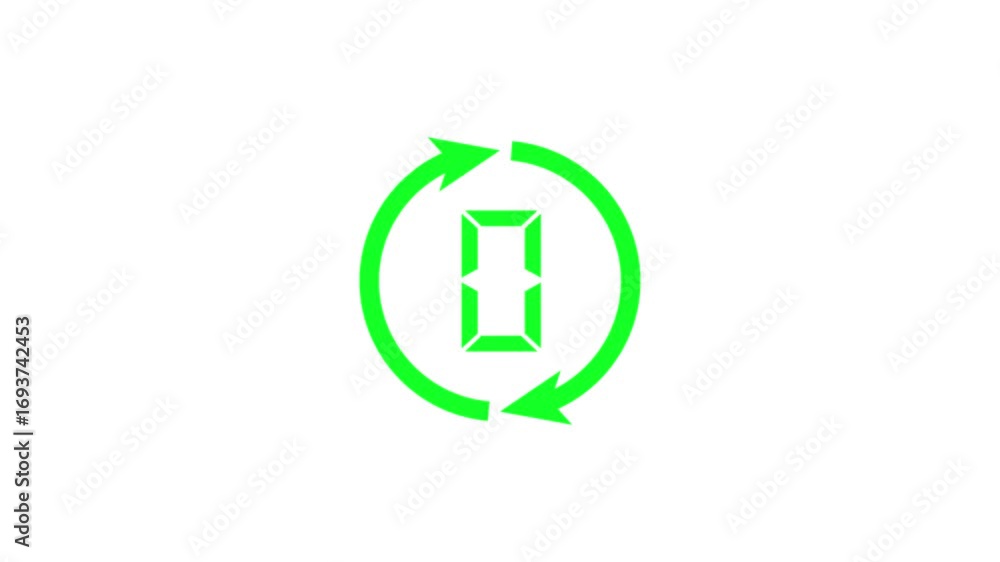 Poster green digital number counting four to zero inside a circular arrow indicating refresh or cycle