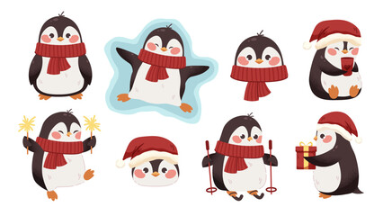 Cute baby penguins, kawaii penguins set. Vector cartoon characters