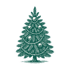 Hand drawn christmas tree on white background. Retro style holiday tree from 50-60s. Vector new year element