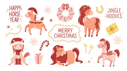 Horses set for New Year of the Red Fire Horse. Cute cartoon horses, drawn ponies for kids. Symbol of the Chinese New Year 2026