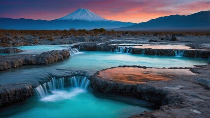 Fototapeta premium Majestic volcano at sunset with vibrant pools and waterfalls in a serene landscape