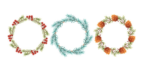 Round wreaths with fir branches and pine cones. Winter greenery, circle frame for design, invitations. Vector template for text