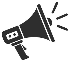 Bold, graphic icon of a dark grey megaphone broadcasting sound waves, representing announcements or alerts