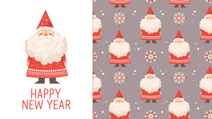 Seamless kids pattern with cute gnomes. Scandinavian dwarf in red suit, snowflakes. Vector print for baby products