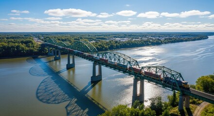 Aerial view of a historic green truss bridge over a wide river with a train, surrounded by lush green landscape under a bright sky.