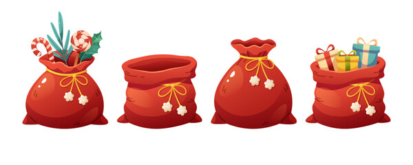 Set of Christmas sack, Santa bag on white background. Red bag with gifts, empty, closed. Vector cartoon flat illustration