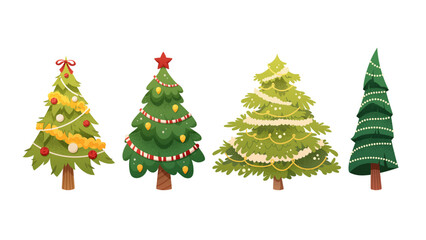 Set of cartoon Christmas trees. Festive tree with garlands and balls on white background. Vector New Year illustration