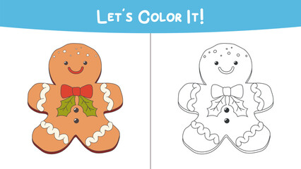 Coloring page for children. Christmas gingerbread man in color and without color for paint and pencil drawing. Vector sheet for printing