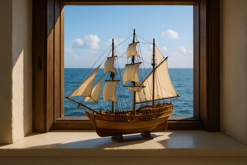 A finely crafted wooden ship model with billowing sails, displayed on a windowsill with an expansive view of the sea.