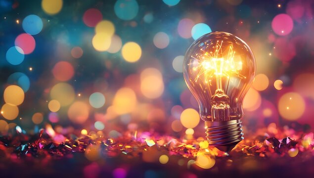 A light bulb glowing brightly with colorful sparks and digital elements surrounding it, symbolizing innovation in technology