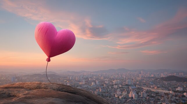 Stunning Pink Fabric Heart Shaped Balloon Floating Above a Cityscape on a Rock, Perfect for Romantic and Lifestyle Campaigns Inspires Joy and Love.