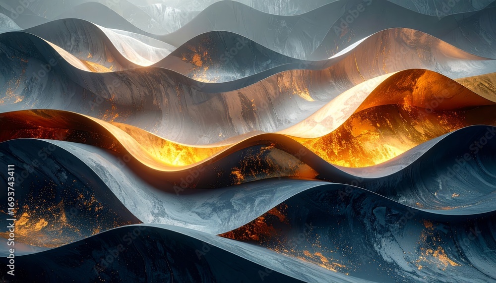 Poster abstract wave pattern with colorful curves on a vibrant orange and yellow backdrop