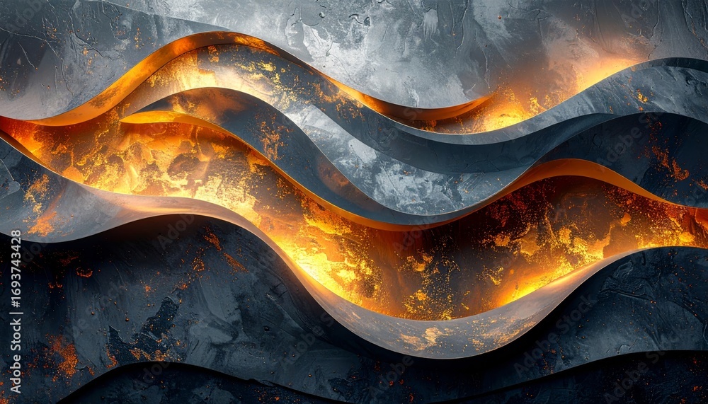 Poster abstract wave pattern with colorful curves on a vibrant orange and yellow backdrop