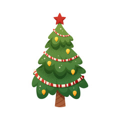 Cute Christmas tree on white background. Cartoon festive fir tree with garlands and balls. Vector illustration