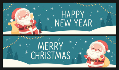 Merry Christmas and Happy New Year greeting banners. Cute Santa Claus sends holiday wishes. Vector greeting template