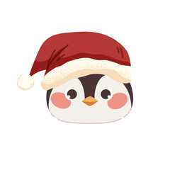 Penguin head with Santa hat. Cute penguin on white background. Vector kids character.