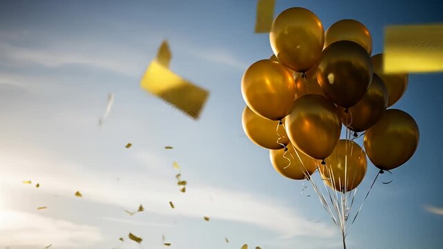 Golden balloon bunch against a blue sky, confetti falling. Celebration vibes