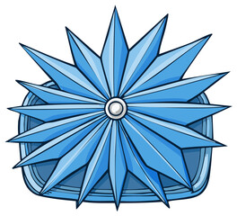 Blue starburst design element with a central decorative button in a cartoon style