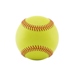 A single, brand-new, perfectly spherical bright yellow softball with raised red stitching and synthetic leather texture, centered on a transparent background with copy space, clean commercial display
