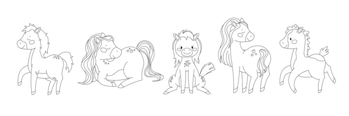 Set of hand drawn horses and ponies. Animal doodles, horse outline. Vector illustrations for children