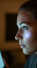 Close-up of a young woman's face illuminated by a screen's soft blue light