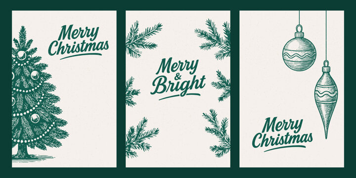 Set of Christmas retro posters. Greeting New Year postcards, engraving with a Christmas tree, toys, fireplace, and gifts. Vector background for text