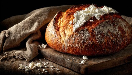 Rustic artisan loaf of bread, topped with spread, on wooden board