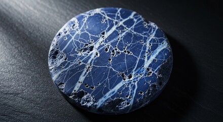 A round, blue stone with white veins and small holes on a dark surface, creating a textured and abstract pattern.