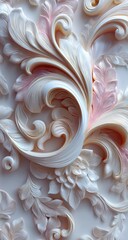 Ornate, detailed floral carvings in cream and rose