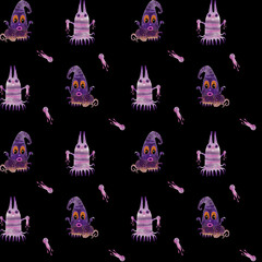 Halloween monsters seamless pattern, painted with digital watercolor, on a black background