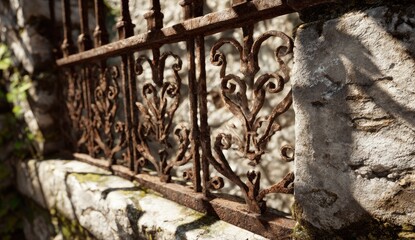 Ornate rusted fence on a stone wall